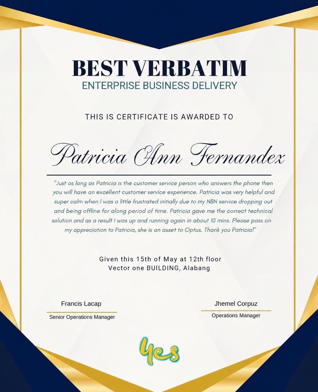 Best Verbatim Certificate — Enterprise Business Delivery, awarded to Patricia Ann Fernandez by Concentrix for outstanding customer service on the Optus account