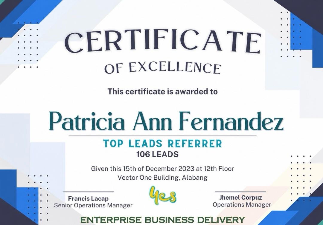 Certificate of Excellence — Top Leads Referrer (106 Leads), awarded to Patricia Ann Fernandez by Concentrix Enterprise Business Delivery