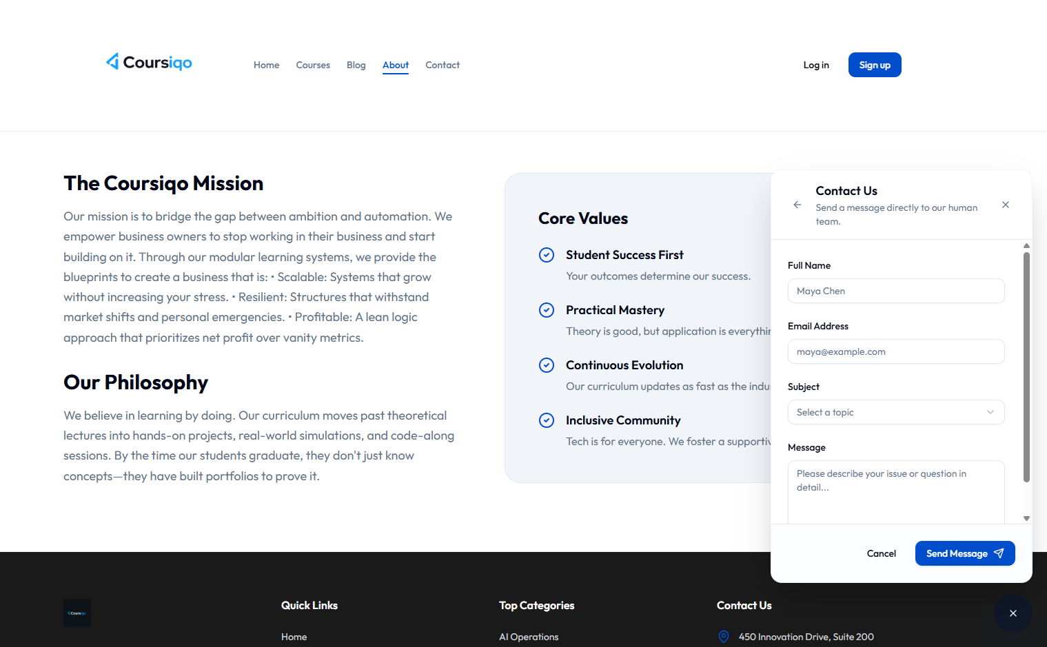 Mission, core values & contact form